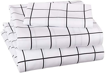  Amazon Basics Soft Microfiber 4 Piece Sheet Set With Elastic Pockets, Full, Black Grid, Geometric