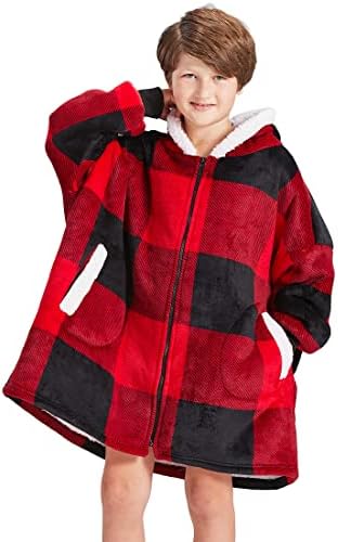  FAYBOX Wearable Blanket Hoodie With Zip For Kids,Fuzzy Warm Sherpa Comfy Oversized Hoodie Blanket Plush Sweatshirt-Light Grey