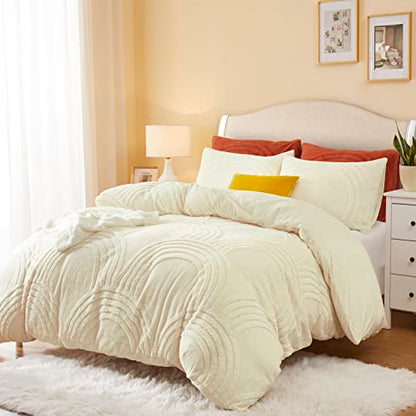  Oli Anderson Fluffy Duvet Cover Set, Faux Fur Rainbow Tufted Duvet Covers Queen Size, 3 Pieces Ultra Soft Warm Plush Comforter Cover Set, Ivory (1 Duvet Cover + 2 Pillowcases)