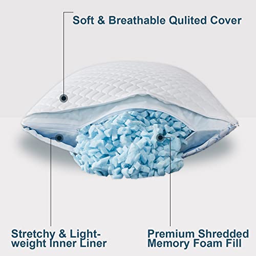  Cooling Bed Pillows For Sleeping 2 Pack Shredded Memory Foam Pillows - Adjustable Pillows Standard Size Set Of 2 For Side Back Sleepers - Luxury Extra Comfy Gel Pillows With Washable Removable Cover