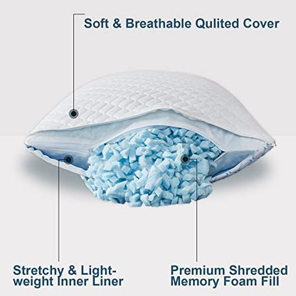  Cooling Bed Pillows For Sleeping 2 Pack Shredded Memory Foam Pillows - Adjustable Pillows Standard Size Set Of 2 For Side Back Sleepers - Luxury Extra Comfy Gel Pillows With Washable Removable Cover