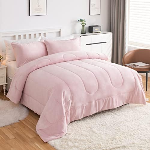  Faux Fur Twin Comforter, Cozy Fluffy Fuzzy Bed Comforter, Easy Care And Machine Washable, Plush Comforter Suit For All Season (Twin, Pink Bean Paste)