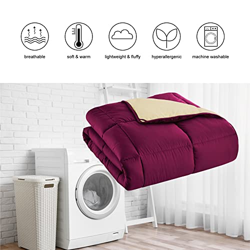  Full/Queen Duvet Insert Lightweight Soft Comforter Down Alternative Fluffy Warm Breathable Spring Summer All Season Reversible Bed Quilted Burgundy/Wheat