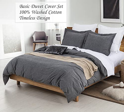  Duvet Cover Set (Cal. King 104"X96" Cover + 2 Pillowcases), Charcoal Washed Cotton Bedding, Zipper Closure