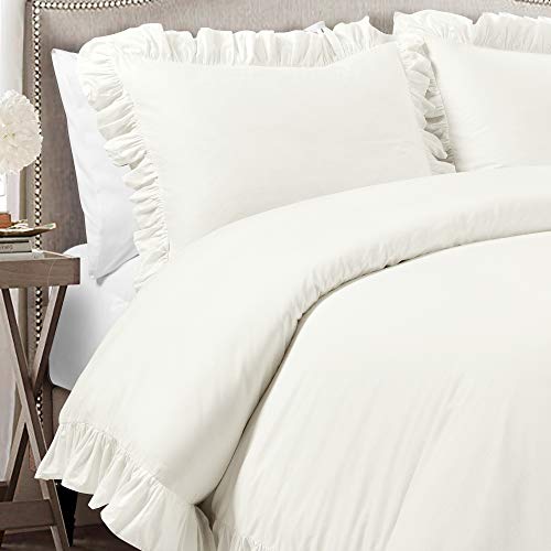  Reyna 3-Piece Ruffled Cotton Duvet Cover Bedding Set, Full/Queen, White
