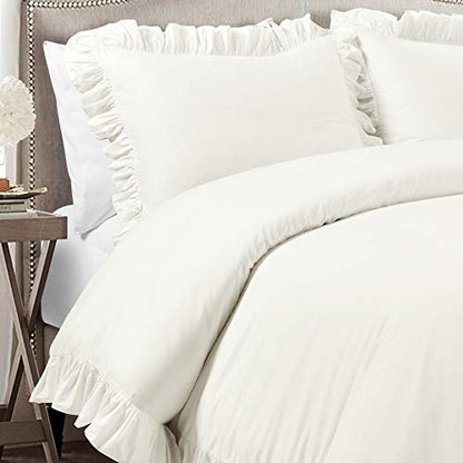 Reyna 3-Piece Ruffled Cotton Duvet Cover Bedding Set, Full/Queen, White