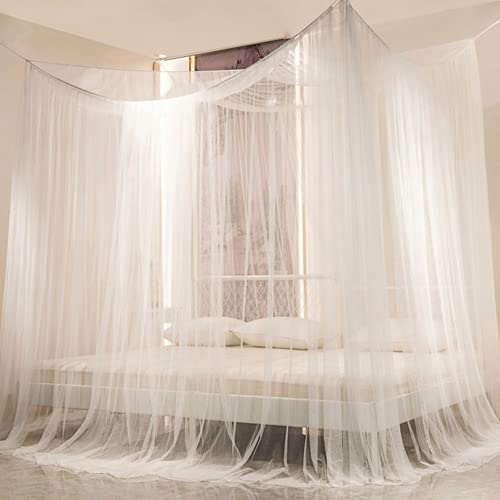  4 Corner Post Bed Canopy, Elegant Curtain Net For Full/Queen/King Size Bed (White)