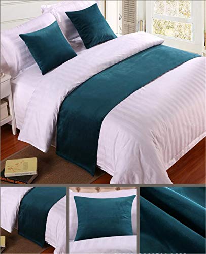  YIH Teal Bed Runner Scarf 82" X 19", Velvet Protector Slipcover For Bed For Bedroom Hotel Wedding Room, 1 Bed Runner + 2 Cushion Covers