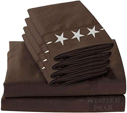  Western Peak Lightweight Microfiber Polyester Bed Sheet 6 Piece Set Embroidery Star Pillow Case (Brown, Queen)