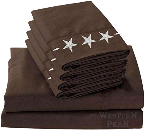  Western Peak Lightweight Microfiber Polyester Bed Sheet 6 Piece Set Embroidery Star Pillow Case (Brown, Queen)