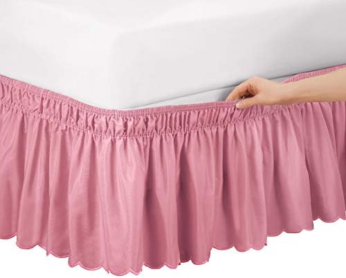  Scalloped Elastic Bed Wrap Around, Easy Fit, Dust Ruffle Bedskirt, Blue, Twin/Full