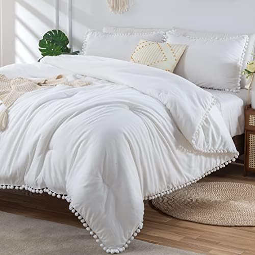  Annadaif White Comforter Set Full Size, Pom Pom Fringe Comforter 3 Pieces, Soft Microfiber Down Alternative Bedding Set For All Season As Gift (1 Comforter,2 Pillowcases)