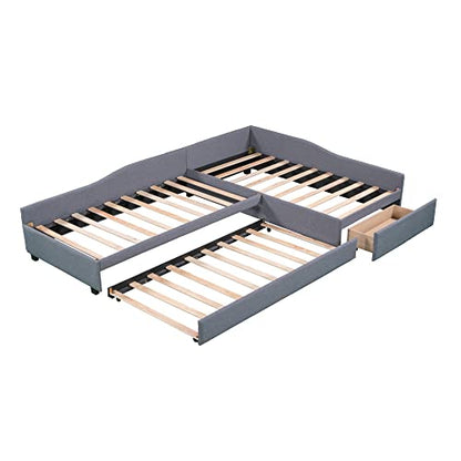  Merax Twin Size Daybed With Trundle, Upholstered Double Twin Size Daybed, Twin Daybed With Drawer, Gray