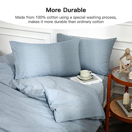  100% Washed Cotton Duvet Cover Set 3 Pieces-Bedding Set Ultra Soft Breathable Washed Cotton Linen Duvet Covers Set For All Seasons (King, Blue)