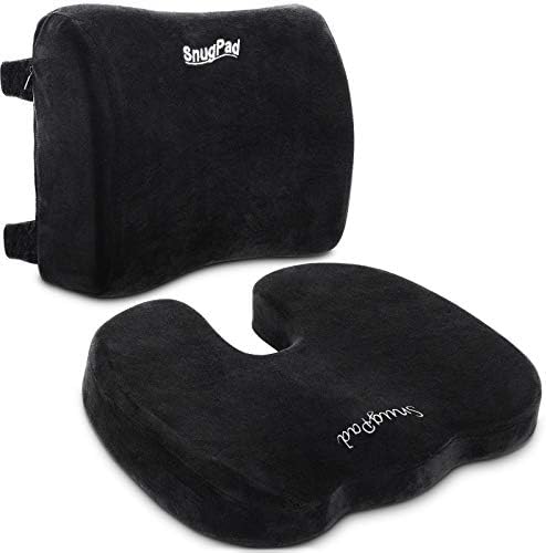  SnugPad Memory Foam Lumbar Pillow And Seat Cushion Combo, Ergonomic, Lower Back And Coccyx Support, Premium Washable Velvet Covers With Non-Slip Bottom, Ideal For Office Chairs And Car Seats (Black)