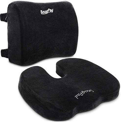  SnugPad Memory Foam Lumbar Pillow And Seat Cushion Combo, Ergonomic, Lower Back And Coccyx Support, Premium Washable Velvet Covers With Non-Slip Bottom, Ideal For Office Chairs And Car Seats (Black)