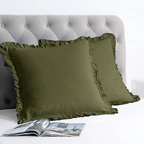  PHF 100% Linen Euro Sham With Ruffle, 26" X 26", Set Of 2, No Insert, Washed Soft French Flax Euro Throw Pillow Covers, Ultra Breathable Durable Comfy Euro Shams For Bed Couch Sofa, Linen