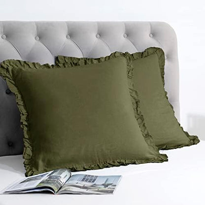  PHF 100% Linen Euro Sham With Ruffle, 26" X 26", Set Of 2, No Insert, Washed Soft French Flax Euro Throw Pillow Covers, Ultra Breathable Durable Comfy Euro Shams For Bed Couch Sofa, Linen