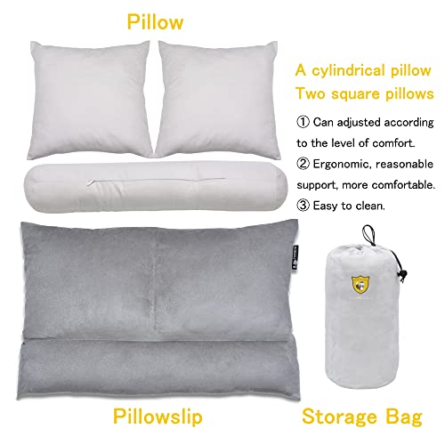 FOXSEON Camping Pillow - Travel Pillow, Pillowcase Wraps A Cylindrical Pillow And Two Square Pillows, Support Neck Pillow For Sleeping And Traveling (Gray)