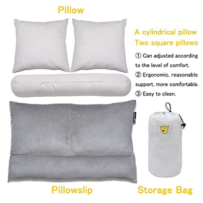  FOXSEON Camping Pillow - Travel Pillow, Pillowcase Wraps A Cylindrical Pillow And Two Square Pillows, Support Neck Pillow For Sleeping And Traveling (Gray)