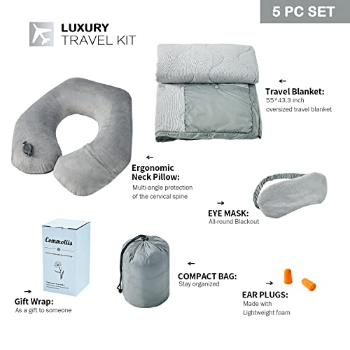  Commollis 4-in-1 Airplane Essentials-Travel Blanket And Pillow Set For Airplanes - Includes Blanket, Inflatable Pillow, Eye Mask, And Earplugs