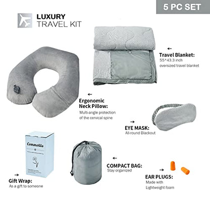  Commollis 4-in-1 Airplane Essentials-Travel Blanket And Pillow Set For Airplanes - Includes Blanket, Inflatable Pillow, Eye Mask, And Earplugs