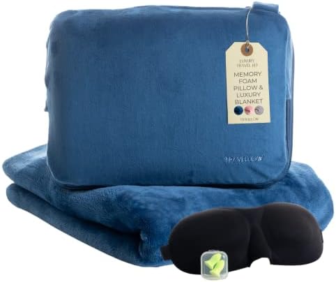  Travellow Travel Pillow And Blanket Set - 4-in-1 Ultimate Travel Kit With Memory Foam Pillow, Travel Blanket, Sleep Mask, And Earplugs-Ultimate Comfort And Coziness For Your Journeys - Blue