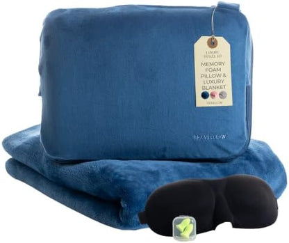  Travellow Travel Pillow And Blanket Set - 4-in-1 Ultimate Travel Kit With Memory Foam Pillow, Travel Blanket, Sleep Mask, And Earplugs-Ultimate Comfort And Coziness For Your Journeys - Blue