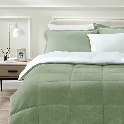  ART DEMO Home Sherpa Fleece All Season Ultra Soft Hypoallergenic Comforter Bed Set With Pillow Shams For Dorm, 2 Piece, Twin Size, Sage Green (SHPA-TWN-SG)