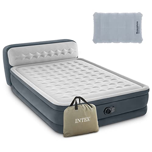 Intex Queen Air Mattress With Headboard And Built In Pump - 18" Easy Inflatable Mattress Air Bed, Dura-Beam Deluxe Ultra Plush Blow Up Mattress, Inflatable Pillow For Camping, Travel And Home Included