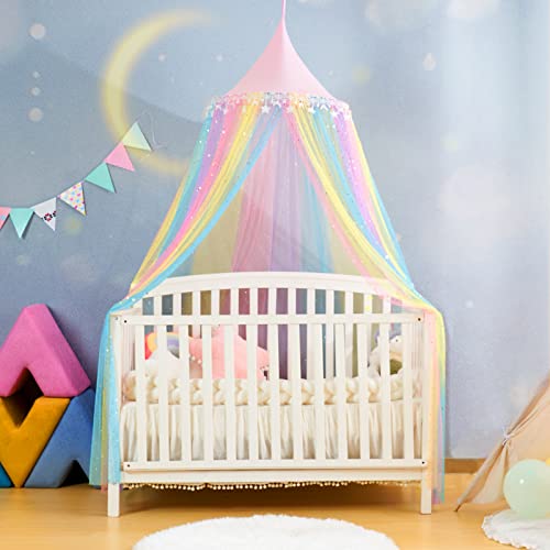  Rainbow Bed Canopy For Girls,Shiny Kids Princess Round Dome Bed Curtain With Star Moon Glitter,Kids Crib Canopy Play Tent Canopy Dreamy Bed Netting For Girls Bedroom Decor Children Reading Corners