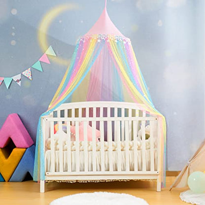  Rainbow Bed Canopy For Girls,Shiny Kids Princess Round Dome Bed Curtain With Star Moon Glitter,Kids Crib Canopy Play Tent Canopy Dreamy Bed Netting For Girls Bedroom Decor Children Reading Corners