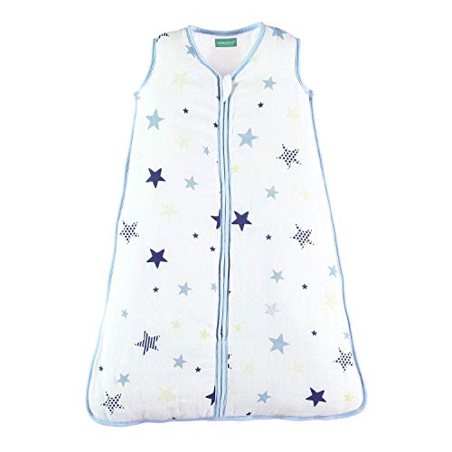  Molis & Co Toddler Sleeping Sack 2T, Breathable Muslin Baby Sleeping Bag 18-36 Months, 0.5 TOG Lightweight Unisex Toddler Wearable Blanket, Blue And Beige