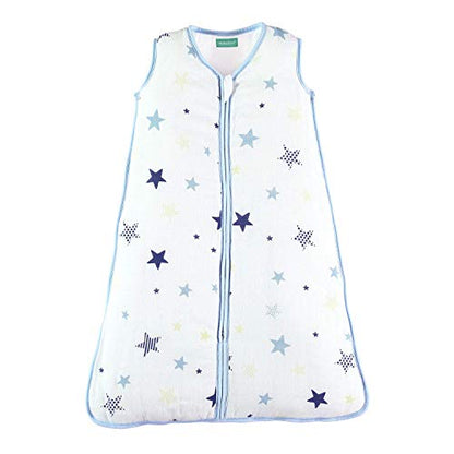  Molis & Co Toddler Sleeping Sack 2T, Breathable Muslin Baby Sleeping Bag 18-36 Months, 0.5 TOG Lightweight Unisex Toddler Wearable Blanket, Blue And Beige