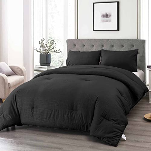  Nanko Seersucker King Comforter Set Black 3 PC All Season Reversible Down Alternative Quilted Duvet Insert, Microfiber Filling, Luxury Hotel Quality Bedding Sets In A Bag, Size 90 X 104 Inch
