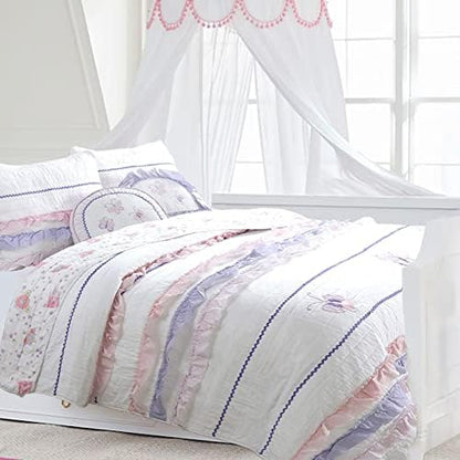  Cozy Line Home Fashions Angelina Floral Dot Pink Light Purple Blue 100% Cotton Reversible Girl Quilt Bedding Set, Bedspread, Coverlet (Queen - 3 Piece)