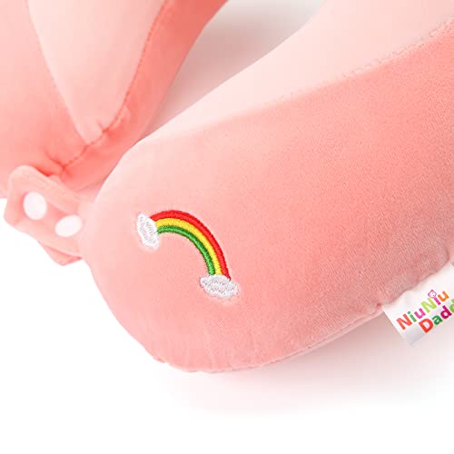  Niuniu Daddy Kids Travel Pillow For Airplane, Car, Recline - Neck Chin Support For Resting - Stops Head From Flopping Forward - Soft Memory Foam Insert And Cute Pink Unicorn Animal Plush Pillow Cover