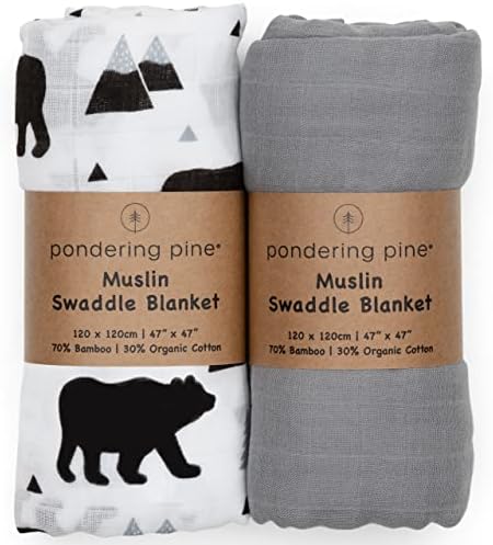  Organic Baby Muslin Swaddle Blankets For Boy Or Girl - Eucalyptus Leaves And Sage Swaddle Blanket 2 Pack - Soft Organic Cotton And Natural Bamboo Muslin, XLarge And Breathable, Boho Baby, 47" X 47"