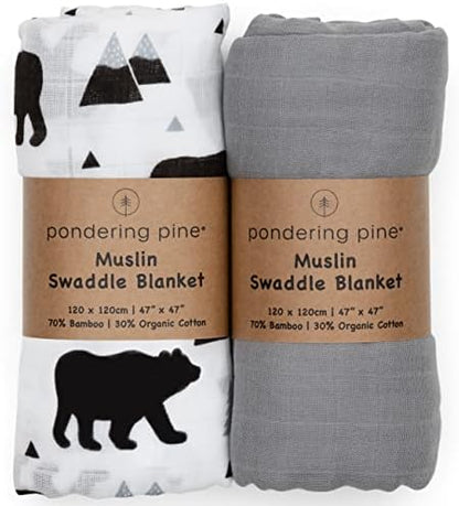  Organic Baby Muslin Swaddle Blankets For Boy Or Girl - Eucalyptus Leaves And Sage Swaddle Blanket 2 Pack - Soft Organic Cotton And Natural Bamboo Muslin, XLarge And Breathable, Boho Baby, 47" X 47"