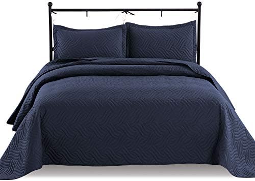  Luxe Bedding 3-Piece Oversized Quilted Bedspread Coverlet Set (King/Calking, WAVA/Navy)