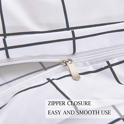  Queen Duvet Cover Set Grid, 90x90 Soft Bedding Cover, Luxury Cool Lightweight Microfiber 3pc Set (1 Cover 2 Pillowcase) With Zip, Tie - Modern Style Bed Quilt Cover For Decor, Plaid White