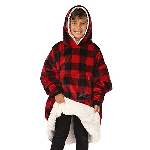  THE COMFY Original JR | The Original Oversized Sherpa Wearable Blanket For Kids, Seen On Shark Tank, One Size Fits All (Red Plaid)