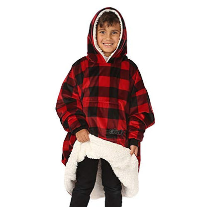  THE COMFY Original JR | The Original Oversized Sherpa Wearable Blanket For Kids, Seen On Shark Tank, One Size Fits All (Red Plaid)