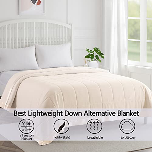  COMFLIVE Down Alternative Blanket With Satin Trim, Queen Size Blanket For Bed, Lightweight Blanket For All Seasons - Winter Summer Comfort Soft (Beige, Full/Queen)