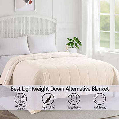  COMFLIVE Down Alternative Blanket With Satin Trim, Queen Size Blanket For Bed, Lightweight Blanket For All Seasons - Winter Summer Comfort Soft (Beige, Full/Queen)