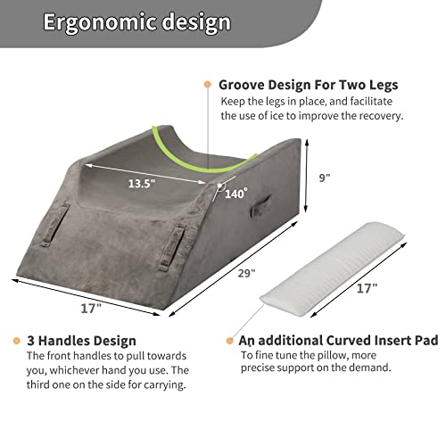  WDBBYL Elevation Wedge Pillow For Double Legs,Wide U-Shaped Groove Design With Etra Insert Pad,Ankle Knee Support Cushion For Injure,Foot Rest,Edema Reduce,3 Handles,Washable Velour Cover,Deep Gray