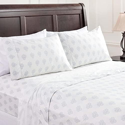  Traditional Floral Printed Elegant Patterned King Bed Sheet Set 4-Piece - 1 Flat Sheet 1 Fitted Sheet And 2 Pillowcases - Ultra Soft Wrinkle Stain Resistant Microfiber Sheets - Blue