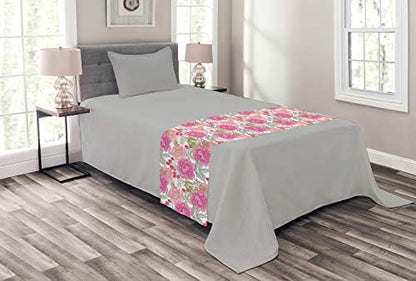  Lunarable Floral Bed Runner, Garden Flower Botany With Peony Rose Grass Harvest Illustration, Decorative Accent Bedding Scarf For Hotels Homes And Guestrooms, Reseda Green Pale Pink