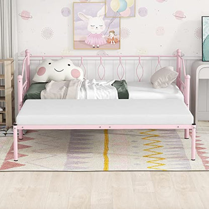  Twin Size Metal Daybed With Trundle, Daybed With Slat No Box Required, Noise Free, For Bedroom Living Room - Pink