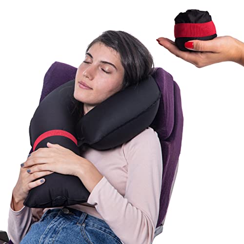  CANDY CANE Travel Pillow 2.0 Neck And Chin Support, Uniqe Design, For Airplanes, Car And Home, Inflatable With Advance Air Valve Carrying Bag, Hand Wash (Red)